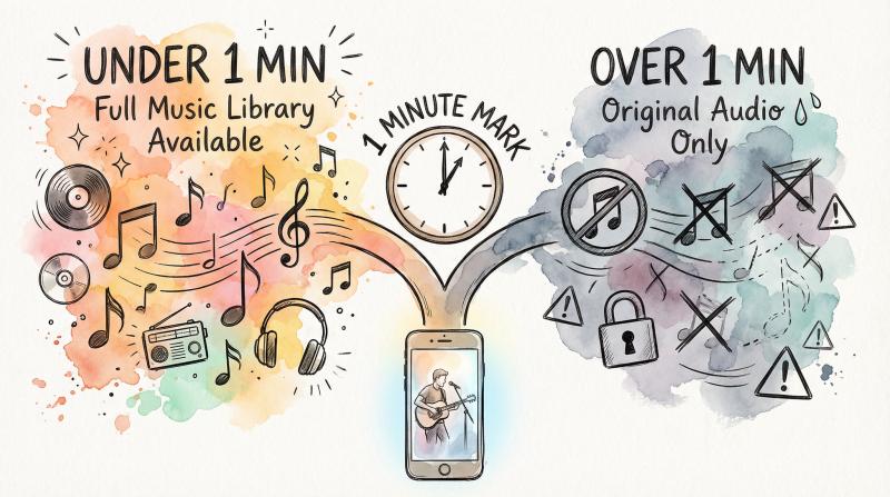 Hand-drawn illustration showing YouTube Shorts music licensing split at 1-minute mark with musical notes