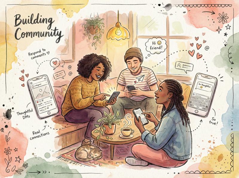 Hand-drawn illustration showing warm human connections through Instagram engagement and community building