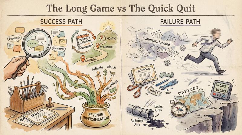 Hand-drawn editorial illustration contrasting successful YouTube automation channels vs failing ones
