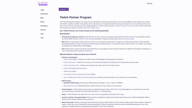 Twitch Partner Program page displaying subscription-based monetization and creator revenue opportunities for live streamers