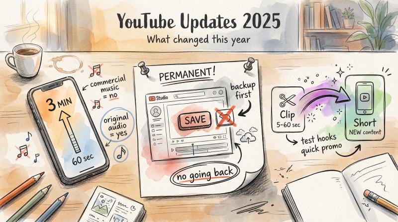Hand-drawn editorial illustration showing YouTube's 2025 clipping updates with artistic sketch elements