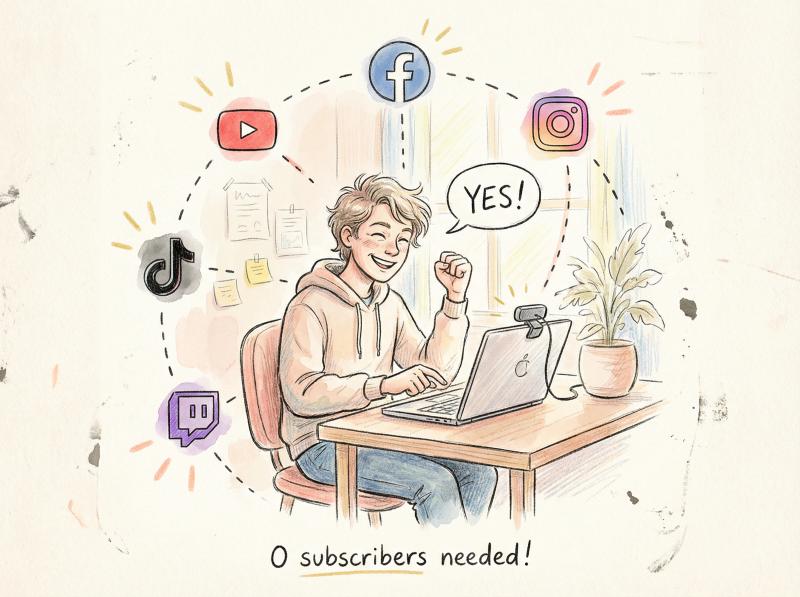 Hand-drawn illustration of a jubilant creator launching their live stream with confidence, platforms orbiting around them