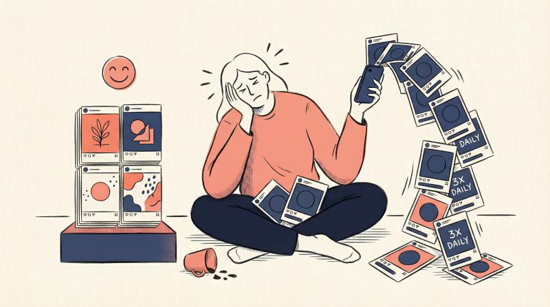 Hand-drawn illustration showing content overload: a tired viewer buried under identical Instagram posts