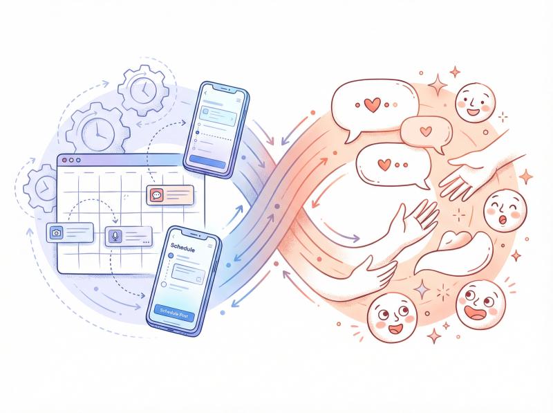 Illustration showing balance between automated scheduling and authentic human engagement on social media