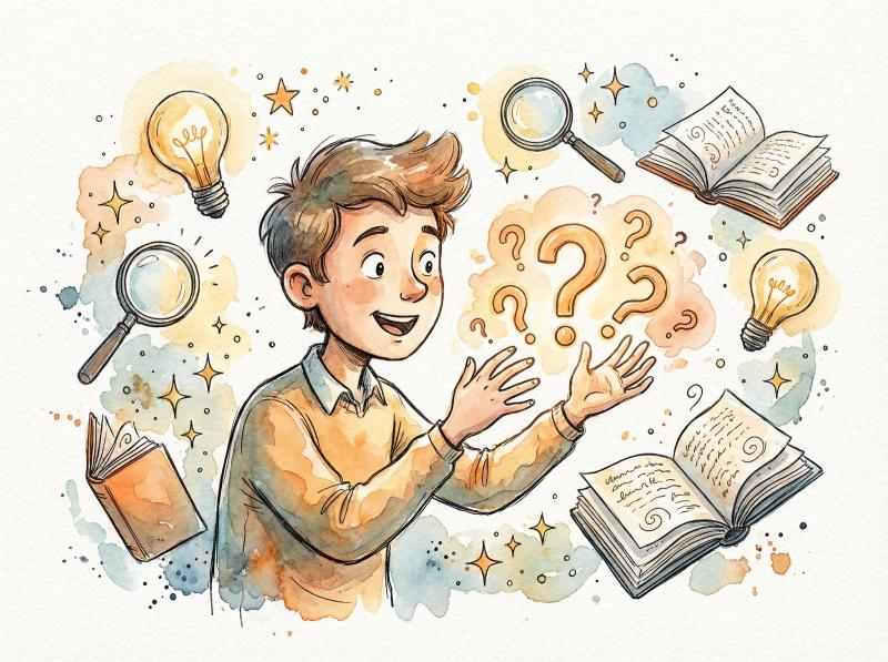 Hand-drawn illustration of a curious explorer surrounded by glowing question marks and discovery icons, artistic watercolor style with warm colors