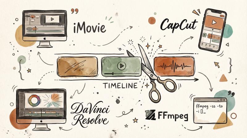 Hand-drawn editorial illustration of a creative video editing workspace with timeline, trim tools, and software icons