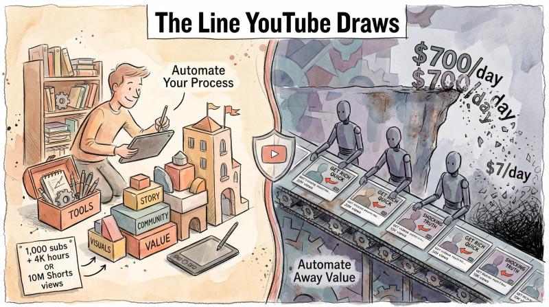 Hand-drawn editorial illustration showing the critical line between acceptable YouTube automation and policy violations