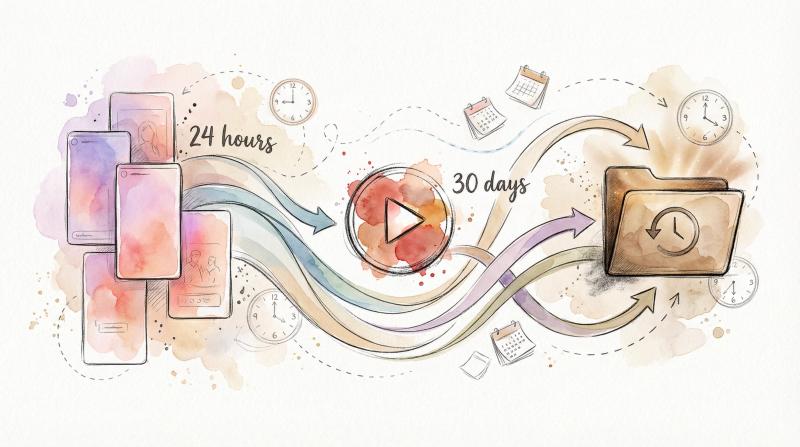 Hand-drawn watercolor illustration showing Instagram Stories and Live videos flowing into an archive folder over time