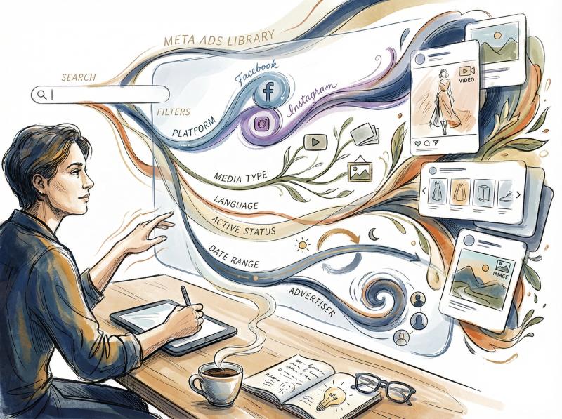Hand-drawn artistic illustration of a marketer navigating the Meta Ads Library interface with flowing filters and search results appearing in a creative, organic visual style