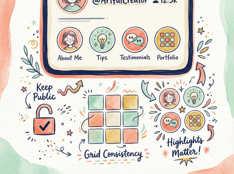 Hand-drawn illustration of Instagram Story Highlights with creative circular icons and profile optimization elements