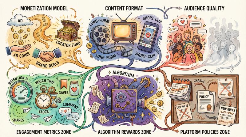 Hand-drawn artistic illustration showing six interconnected creative factors affecting creator earnings on social platforms