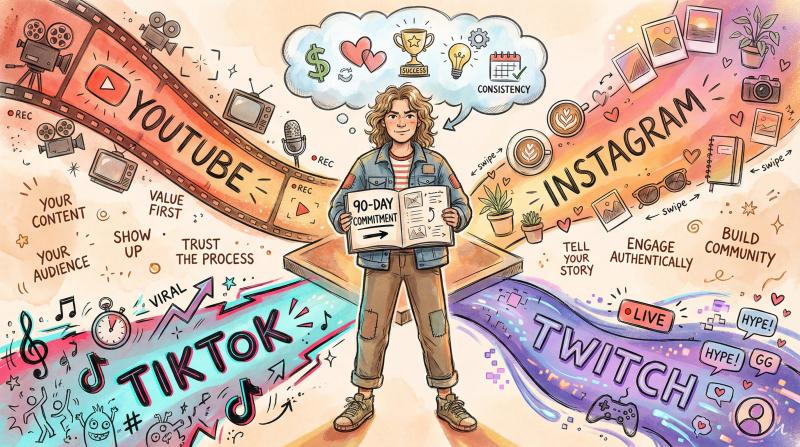 Hand-drawn illustration showing a creator at a crossroads choosing between different social media platforms