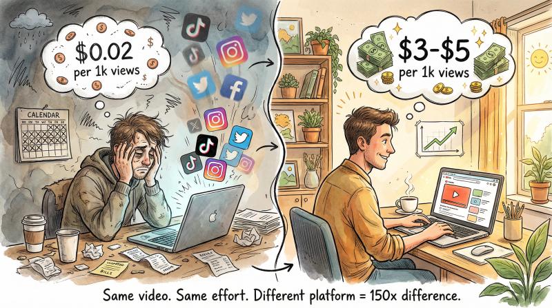Hand-drawn split illustration showing content creator struggling on wrong platform versus thriving on right platform, with money contrast