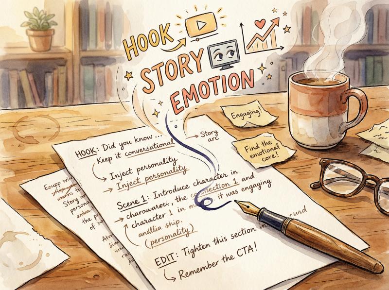 Warm editorial illustration of scriptwriting process with pen, paper, and flowing creative words transforming into engaging video content