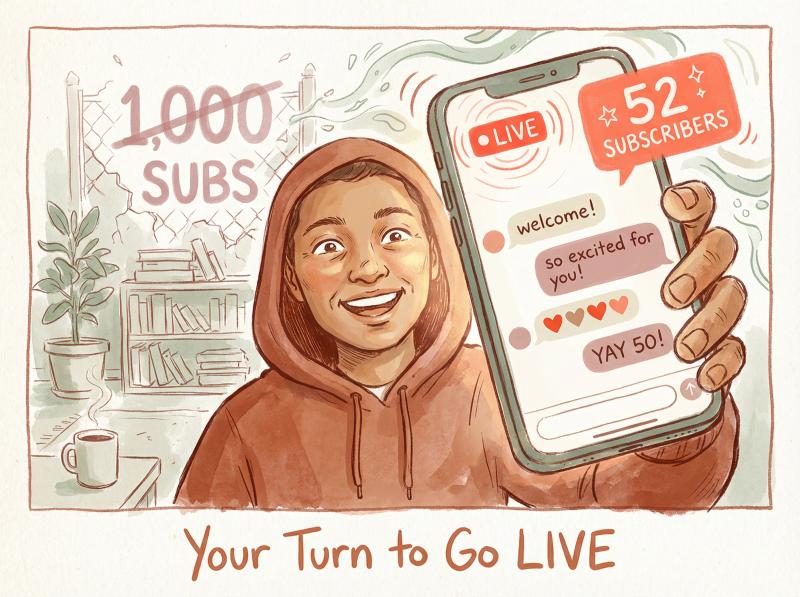 Hand-drawn illustration of creator streaming from smartphone with 50+ subscriber milestone badge