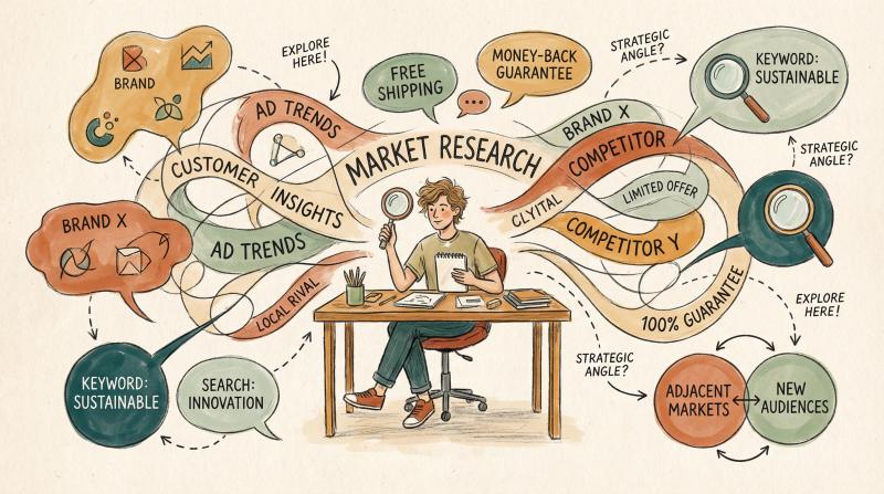 Hand-drawn illustration of a marketer strategically mapping competitive research across multiple ad angles and search strategies