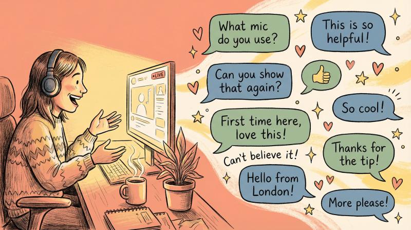 Hand-drawn illustration of a live streamer actively engaging with viewer chat messages, showing warm human connection