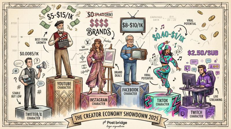 Hand-drawn editorial illustration showing six social platforms personified as characters on a podium with earnings visualized artistically