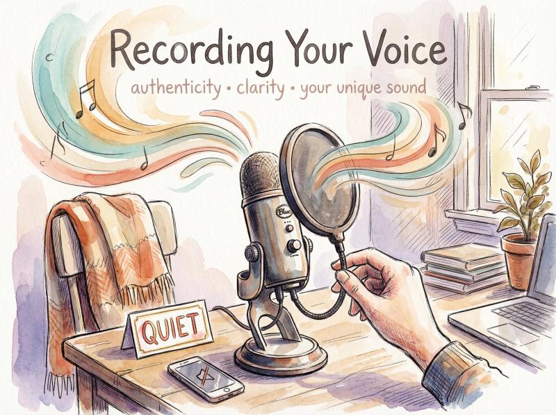 Warm editorial illustration of a cozy home recording setup with microphone and sound waves flowing artistically