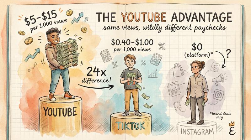 Hand-drawn artistic comparison of YouTube's creator payouts versus TikTok and Instagram showing dramatic earning differences