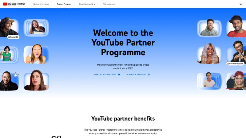 YouTube Partner Program welcome page showing creator images and partner benefits headline