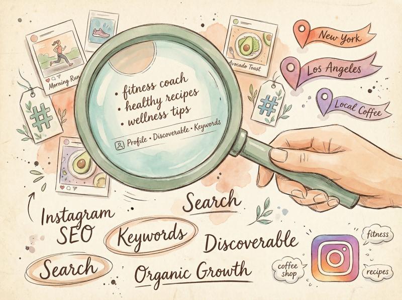 Hand-drawn illustration showing Instagram search magnifying glass revealing keywords in profile bio and captions with location pins