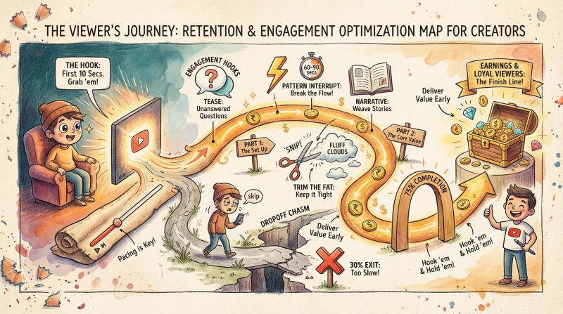 Hand-drawn illustration showing viewer journey through a YouTube video with engagement hooks and retention patterns