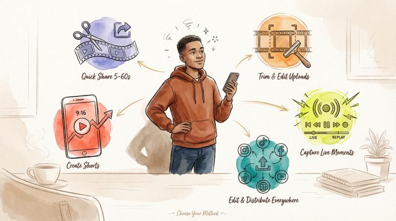 Hand-drawn illustration of a content creator choosing between different YouTube clipping tools