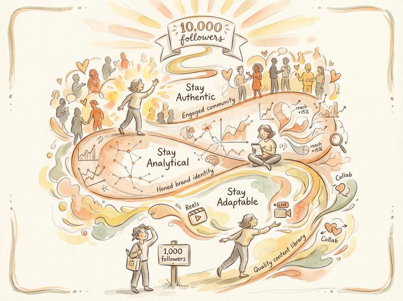 Hand-drawn illustration of Instagram growth journey from 1,000 to 10,000 followers with adaptability, analytics, and authenticity themes