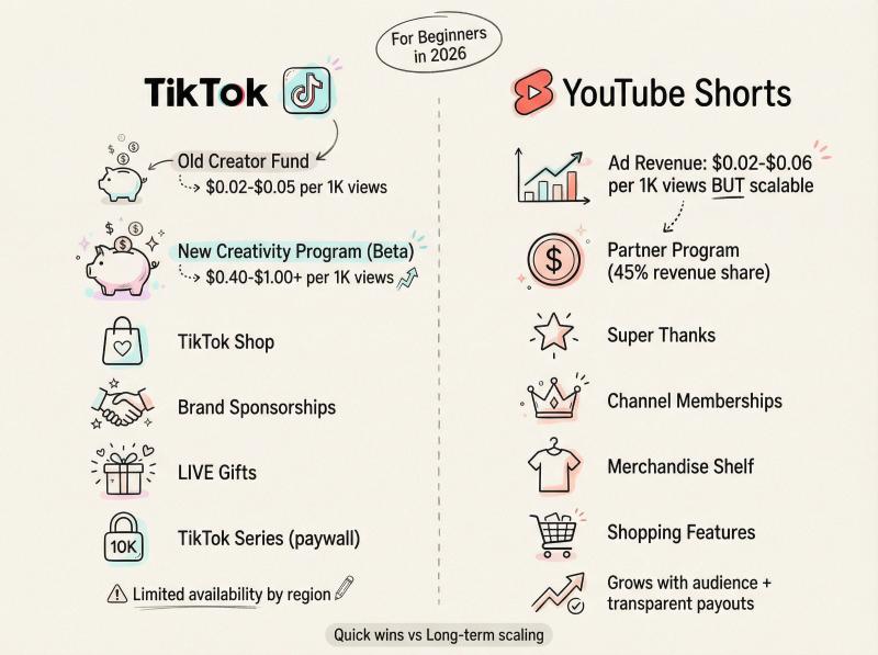 Hand-drawn comparison of TikTok vs YouTube Shorts creator earnings showing revenue streams and payout differences