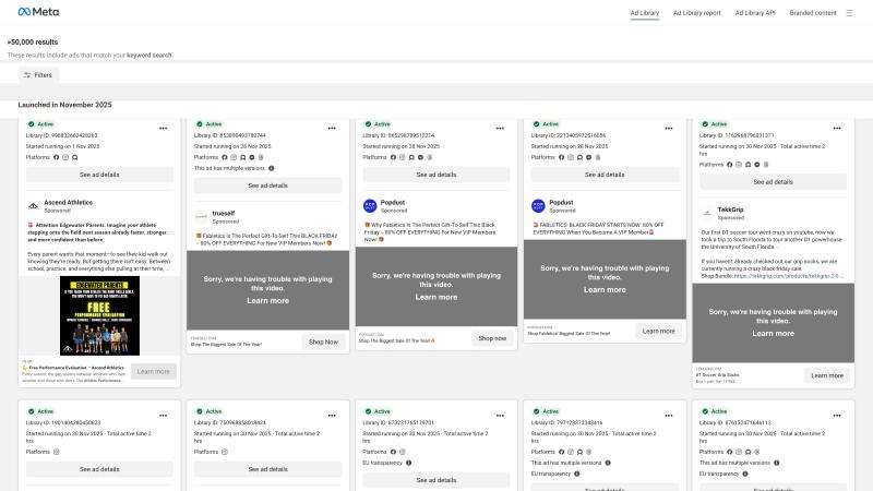 Meta Ads Library search results showing ad cards with creative previews, ad copy, and platform indicators