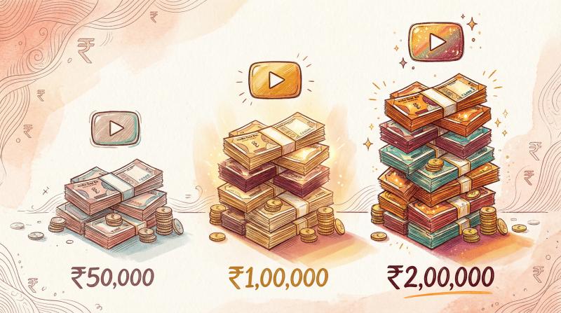 Hand-drawn illustration showing three YouTube earnings tiers in India: ₹50K, ₹1L, and ₹2L for 1 million views
