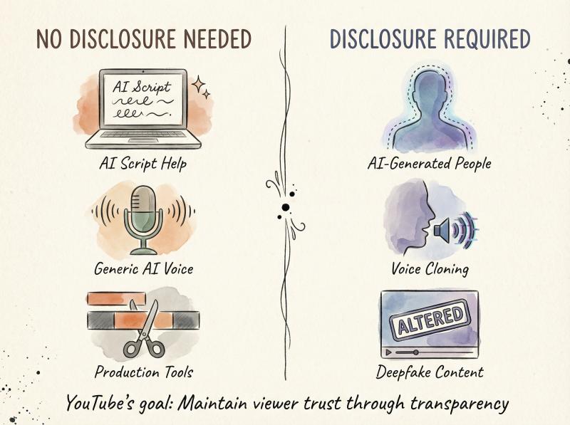 Hand-drawn editorial illustration showing YouTube AI disclosure requirements: friendly creative tools vs synthetic content