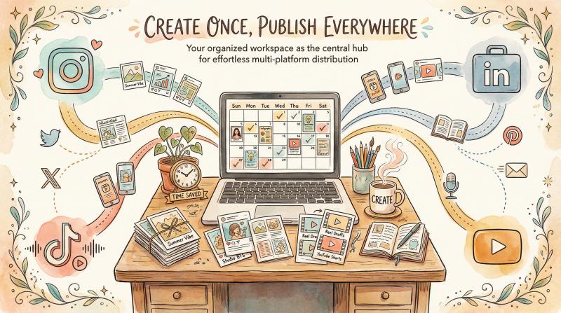 Hand-drawn illustration of a content creator's workflow with scheduled posts flowing to multiple social media platforms