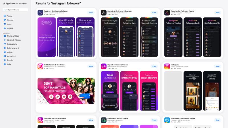 App Store search results showing Instagram follower tracking apps like FollowMeter, Reports+, and Followers & Unfollowers with ratings and download counts