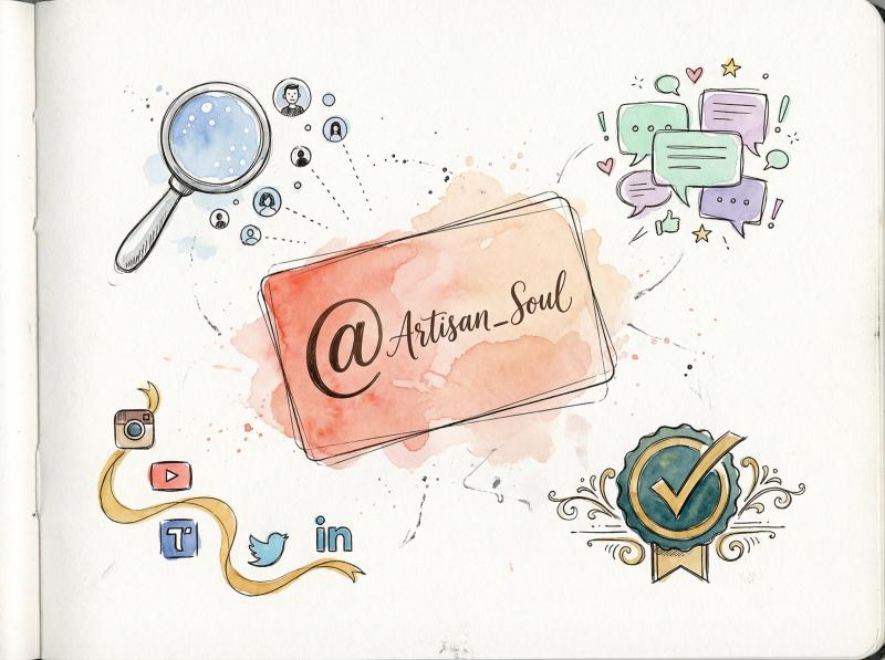 Hand-drawn editorial illustration showing an Instagram username as a glowing digital calling card surrounded by four symbolic elements representing discoverability, first impressions, brand consistency, and trust