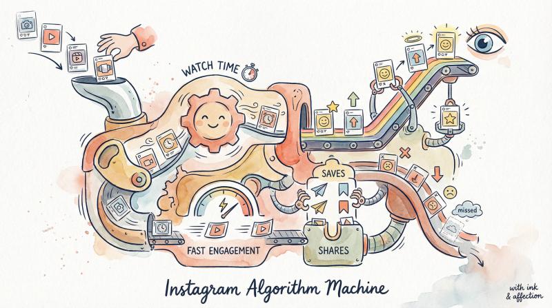 Hand-drawn illustration showing Instagram's algorithm sorting and scoring content like a whimsical machine