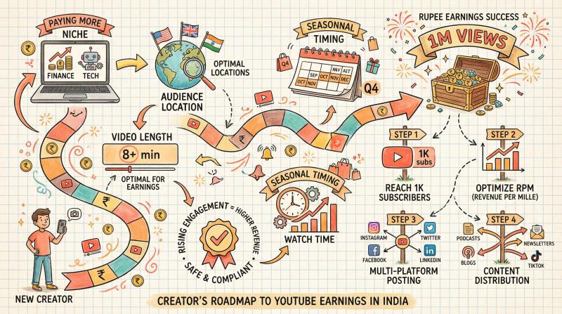 Hand-drawn roadmap illustration showing YouTube creator's journey to 1 million views earnings in India with action steps