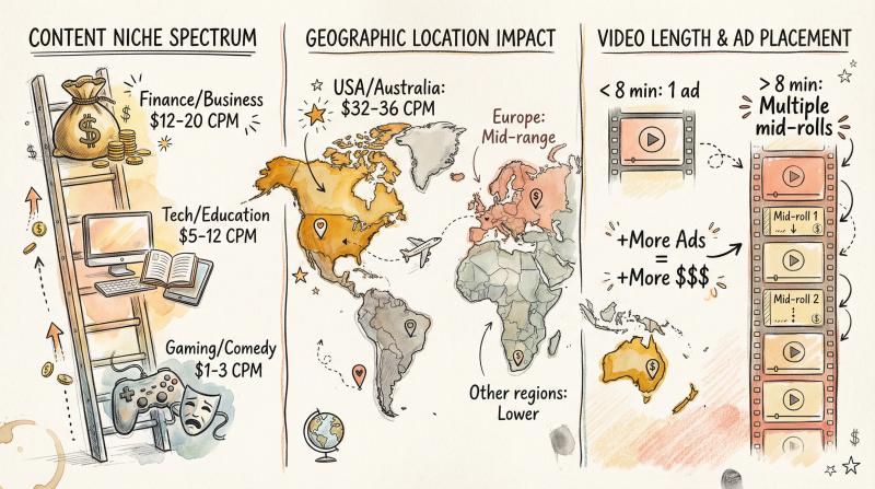 Hand-drawn editorial illustration showing three key YouTube earnings factors with organic textures and warm colors
