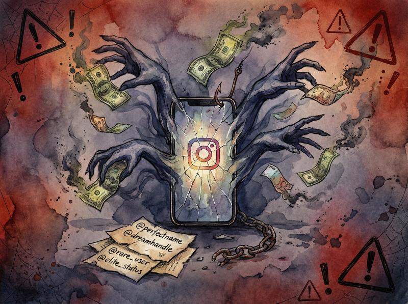 Editorial illustration warning about Instagram username scams showing shadowy hands reaching for money through a cracked phone screen