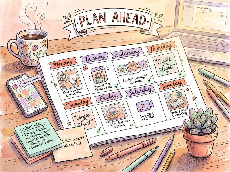 Warm hand-drawn illustration of a content creator planning their week with a colorful editorial calendar spreading across a desk