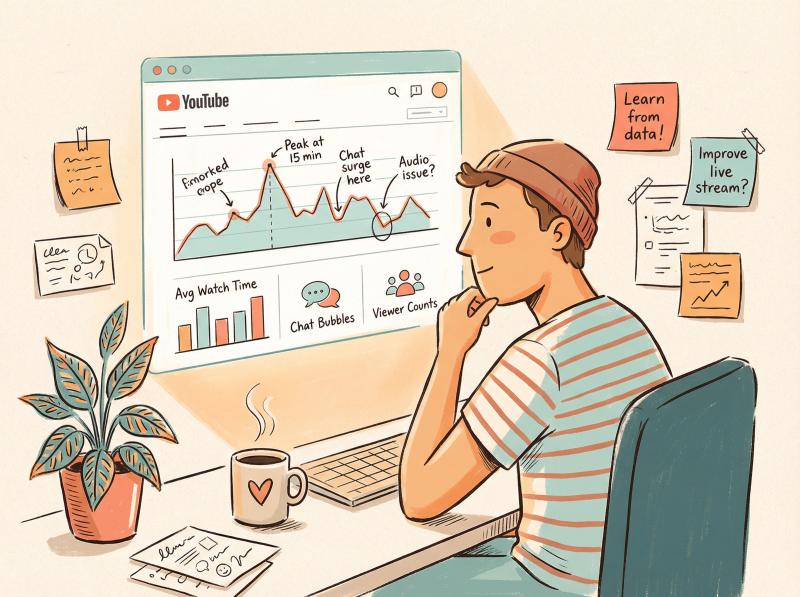 Hand-drawn illustration of a creator studying YouTube analytics dashboard with charts showing viewer patterns and engagement metrics