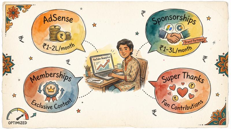 Hand-drawn illustration showing Indian YouTuber income streams: AdSense, sponsorships, memberships, and Super Thanks revenue sources
