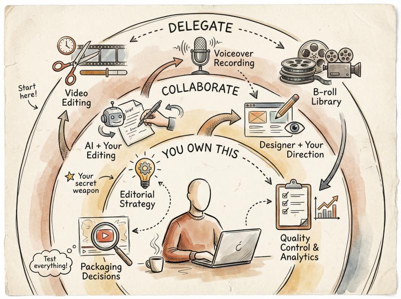 Hand-drawn illustration showing YouTube automation delegation tiers - what creators should own vs outsource when scaling production
