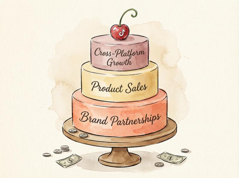 Hand-drawn watercolor illustration of a layered cake with TikTok cherry on top representing diversified creator income