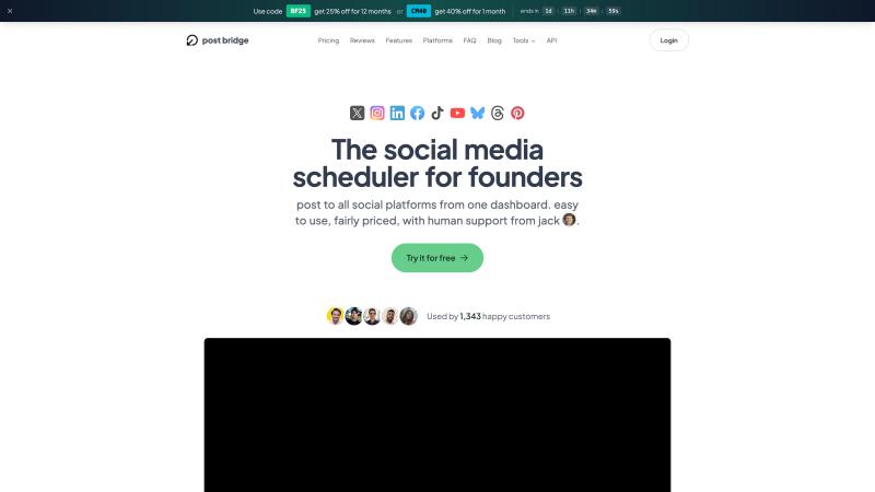 Post bridge homepage showing the multi-platform social media scheduling tool that lets you post to 9 networks from one dashboard