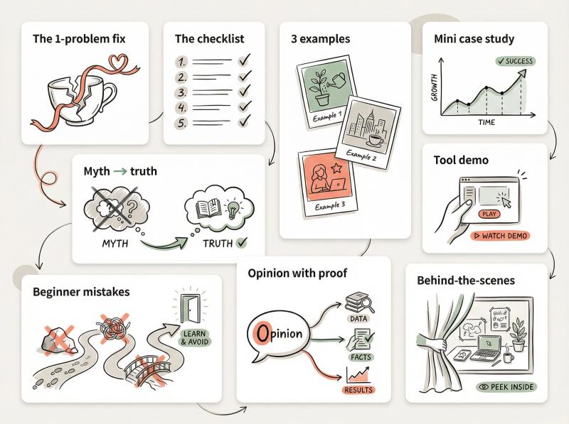 Hand-drawn artistic illustration of 9 beginner content formats arranged as creative visual cards