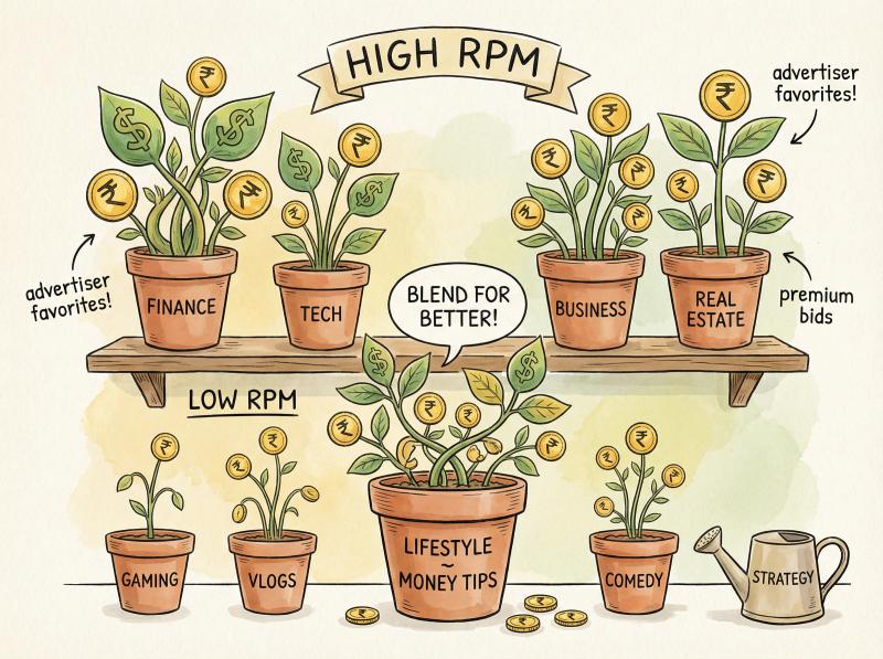Hand-drawn illustration showing YouTube niches as plants with finance and tech growing tall golden coins while entertainment sprouts smaller rewards