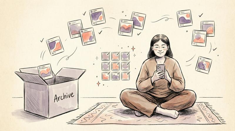 Hand-drawn illustration of content creator confidently organizing Instagram posts with archive feature