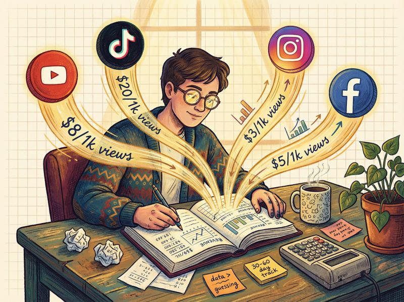 Hand-drawn editorial illustration of creator analyzing platform earnings data with floating revenue streams